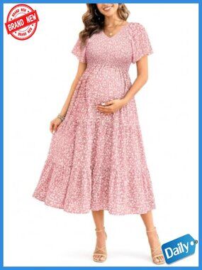 Maternity Midi Dress Smocked V-Neck Flutter Sleeve A-Line Baby Shower Photoshoot